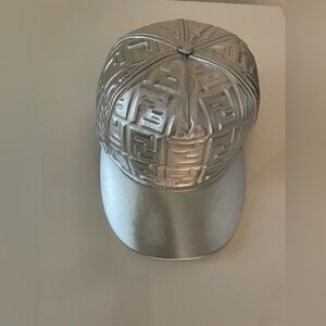 Silver Fendi Metallic  FF Motif Embossed Leather Baseball Cap